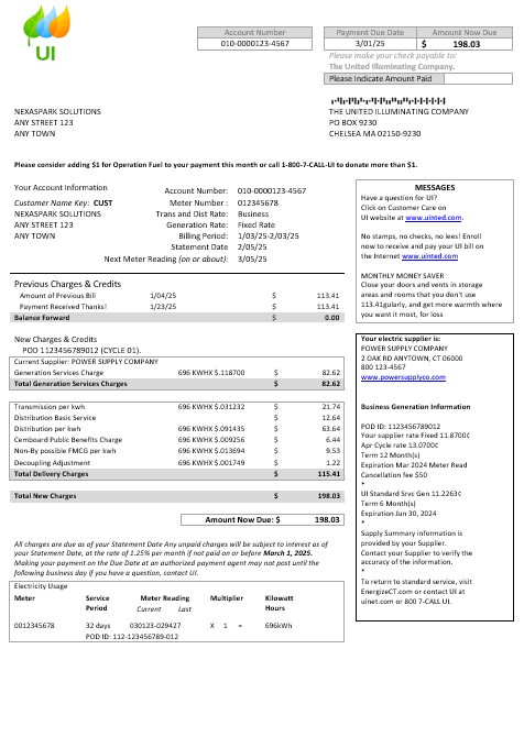 USA Massachusetts Chelsea UI The United Illuminating Company business utility bill Word and PDF template PSD template